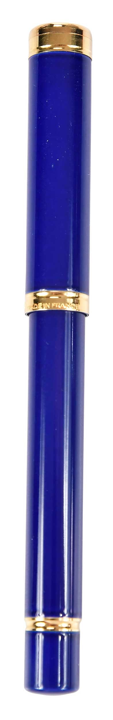 Waterman 'Le Lady' Mini Fountain Pen: blue resin cap and barrel, gold plated trim, ring on cap marked "WATERMAN, MADE IN FRANCE", nib marked "WATERMAN, 18K, 750", 18kt. yellow gold, 4-1/4 in. Provenance: Glenn Davis, Chapel Hill, North Ca