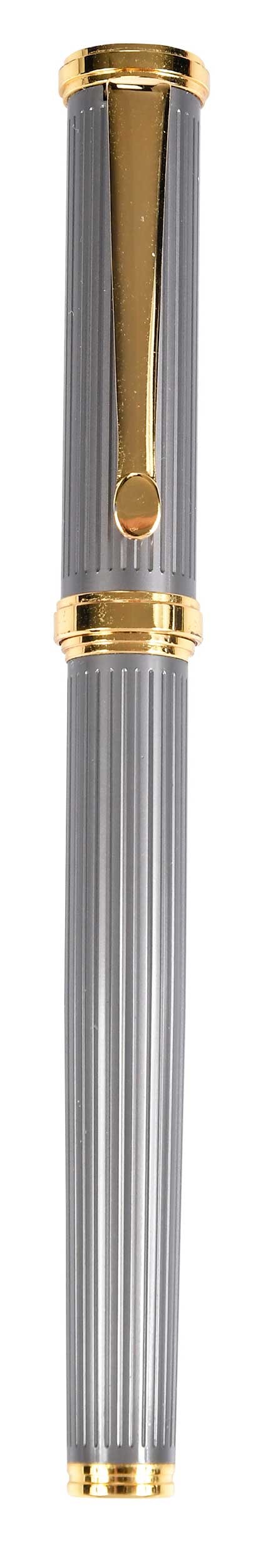 Sharper Image Gunmetal Gray Vertical Striped Gold Tone Rollerball Pen: metal cap and barrel with gold plated trim, black ink, 5-5/8 in. Provenance: Glenn Davis, Chapel Hill, North Carolina