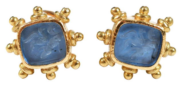 18kt. Elizabeth Locke Venetian Glass Intaglio Earrings: Venetian glass intaglio, backed with mother of pearl, stamped "18k", yellow gold, 18.0 x 18.0mm, post or clip on backs, 16.4 g Provenance: Private Collection Note: Brunk Auctions makes no warranty or