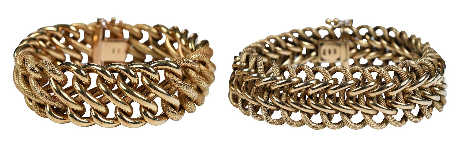 Two 14kt. Italian Wide Fancy Link Bracelets: bright polish and textured links, both stamped "585, ITALY", yellow gold, 7-1/2 in. length, 17.0 - 19.0mm width, 70.3 g total weight Provenance: Private Collection