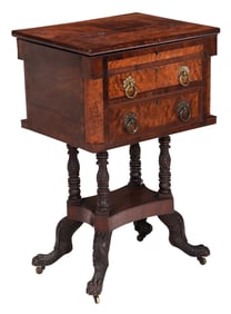 American Classical Figured Mahogany and Birdseye Maple Ladies Work Table