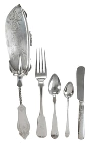 Five Pieces American Coin Silver Flatware, including Elias Pelletreau