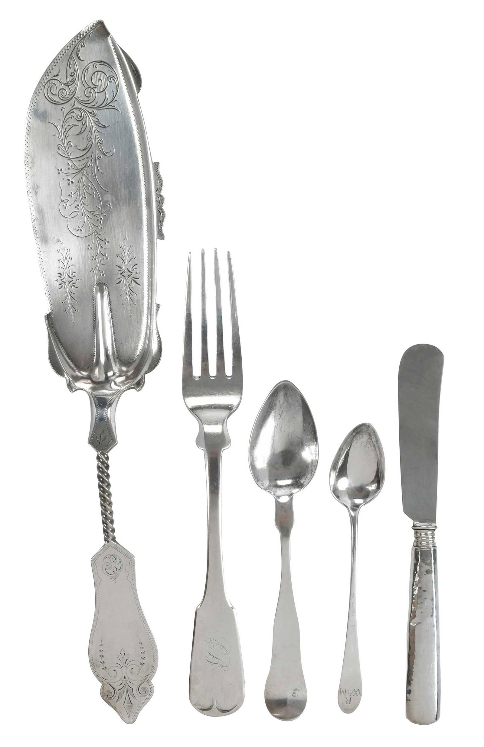 Five Pieces American Coin Silver Flatware, including Elias Pelletreau: 18th/19th century, including teaspoon with oval handle, monogram, marks for Elias Pelletreau (New York, NY 1747-1750; Southampton, New York 1750-1776 and again 1782-1810; Simsbury, Connecticut, workin