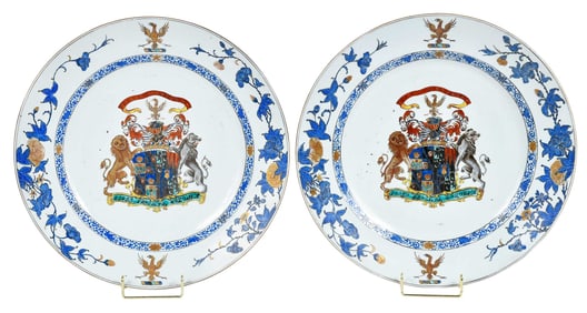 Rare and Impressive Pair of Chinese Export Armorial Porcelain Chargers