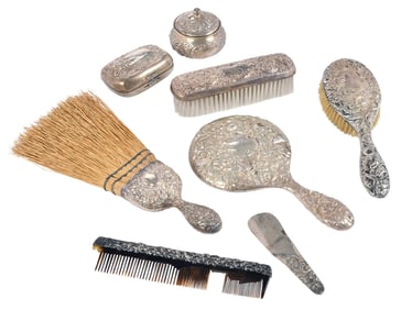 Eight Sterling Repousse Dresser Items