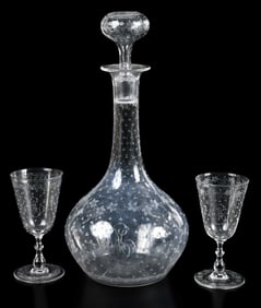 Charles Manigault Monogrammed Glass Decanter and Pair of Coupes