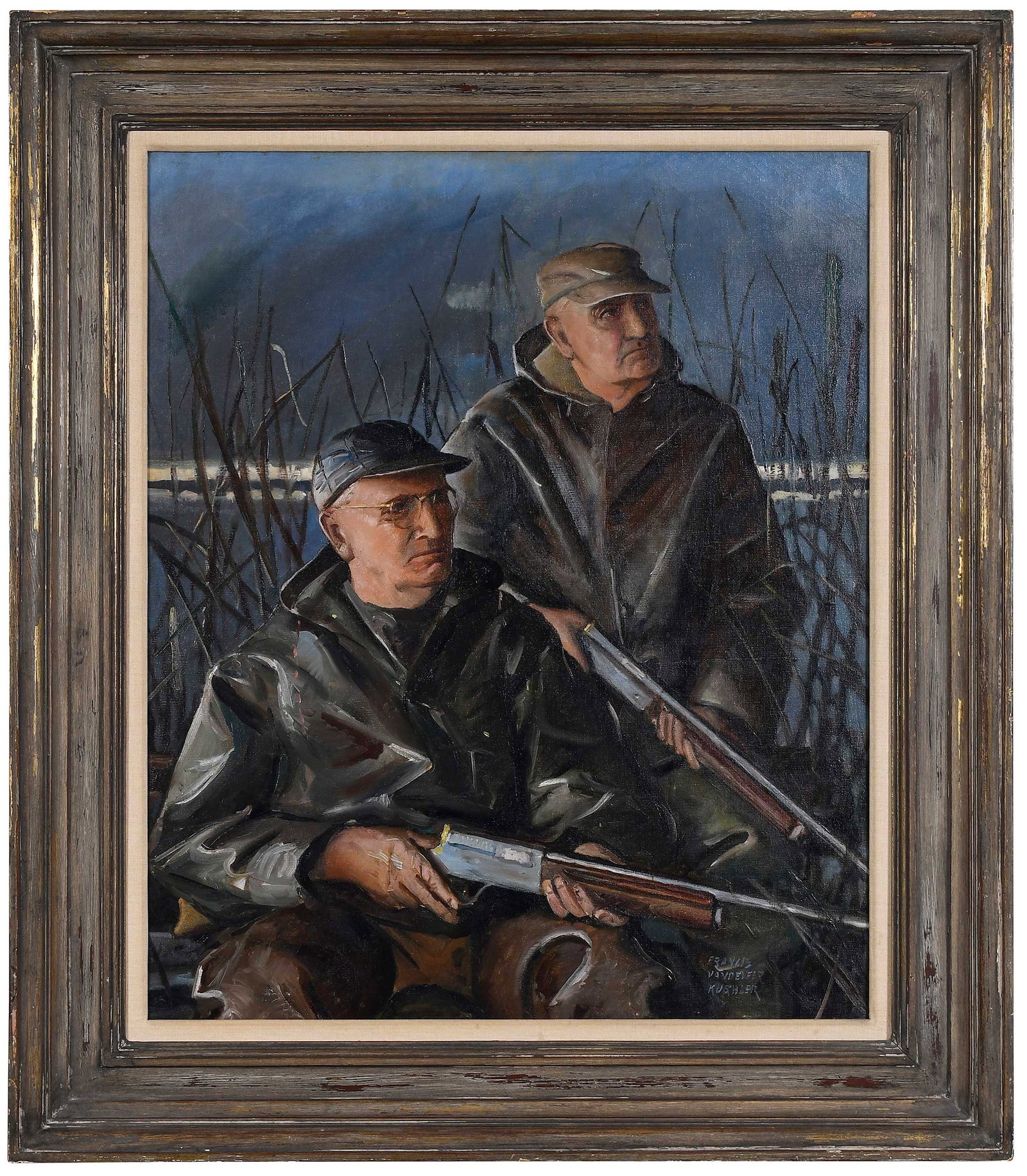Frank Vandeveer Kushler: (American, 20th century) Duck Hunters in a Blind Oil, signed lower right "Frank Vandeveer Kushler", on canvas, 30 x 25 in.; modern wood frame, 33-1/2 x 38-1/2 in.