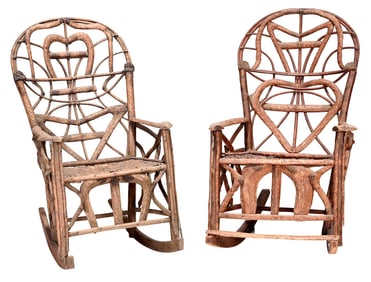 Rare Pair Southern Rustic Chip Carved Rocking Chairs