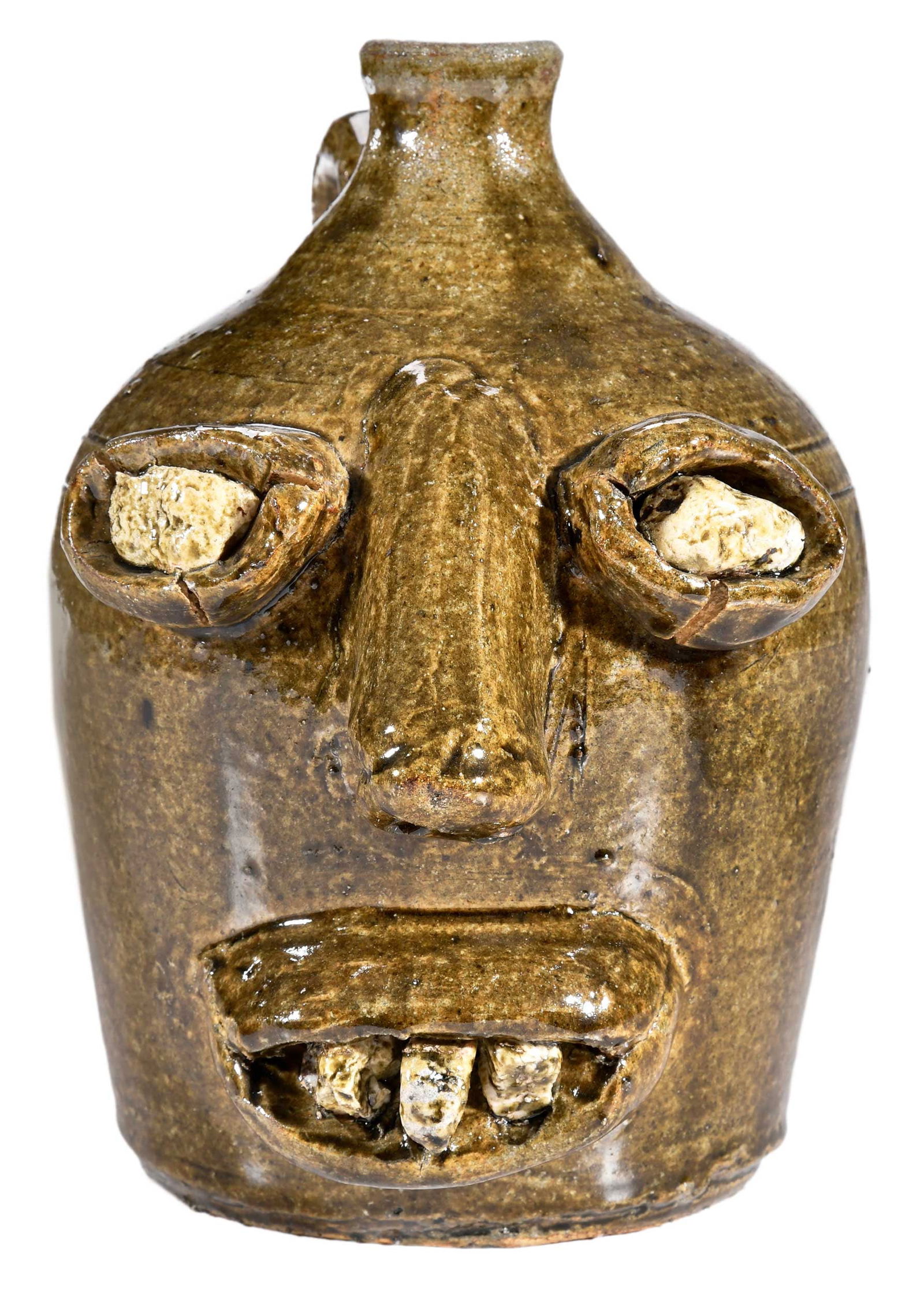 Extremely Rare Early Lanier Meaders Rock Eye and Tooth Stoneware Face Jug: (Mossy Creek, White County, Georgia, 1917-1998) 1967, light olive green alkaline lime glaze, large applied protruding facial features including oval eye sockets with large inset rock eyes, large elong