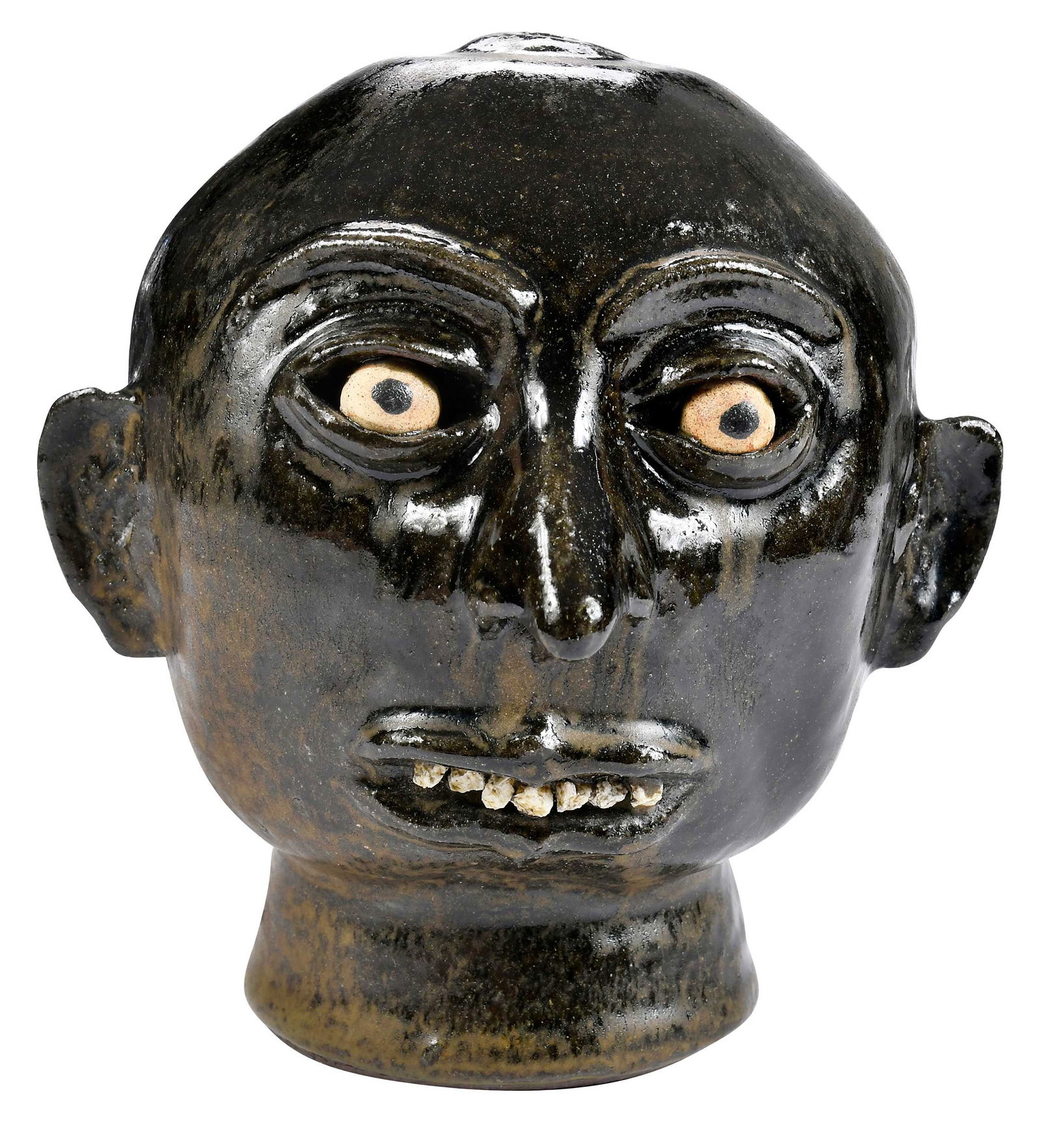 Rare Lanier Meaders Wig Stand: (Mossy Creek, White County, Georgia, 1917-1998) circa 1974, dark shiny and light matte olive green alkaline ash glaze over entire head shaped form, inset kaolin eyes with black pupils, applied facial