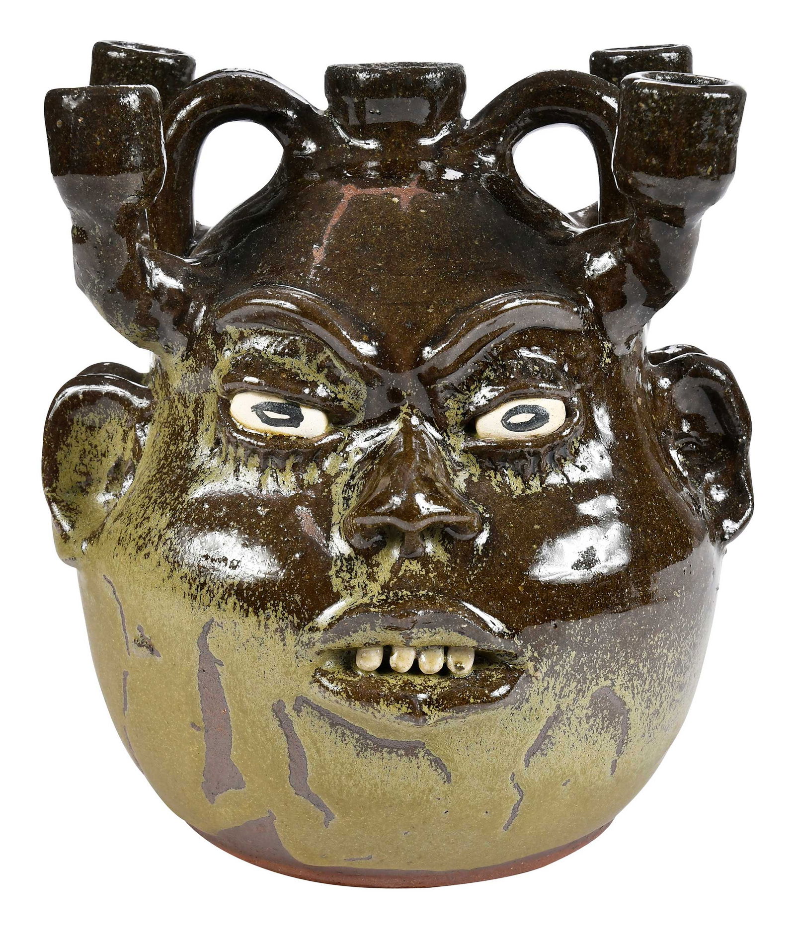 Lanier Meaders Double Face Candelabra Stoneware Jug: (Mossy Creek, White County, Georgia, 1917-1998) circa 1978, olive and creamy green alkaline ash and lime glaze, kaolin teeth and eyes with circular black pupils, similar applied facial features to bot