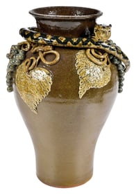 Rare and Important Lanier Meaders Snake and Grapevine Decorated Stoneware Vase