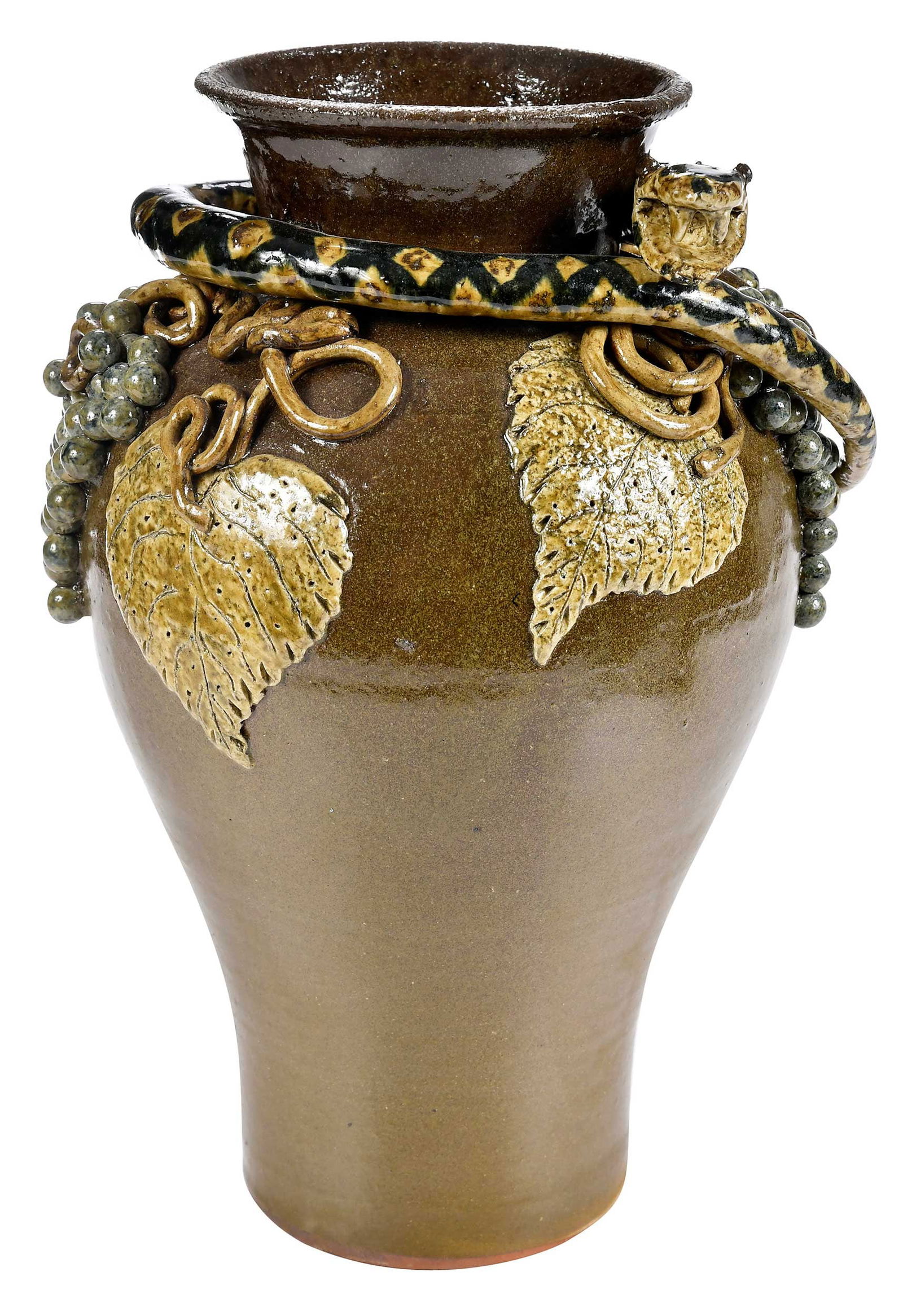 Rare and Important Lanier Meaders Snake and Grapevine Decorated Stoneware Vase: (Mossy Creek, White County, Georgia, 1917-1998) circa 1977, tapered ovoid vase form, alkaline olive green lime glaze, applied cobalt and iron slip decorated snake over applied cobalt grape and alkalin