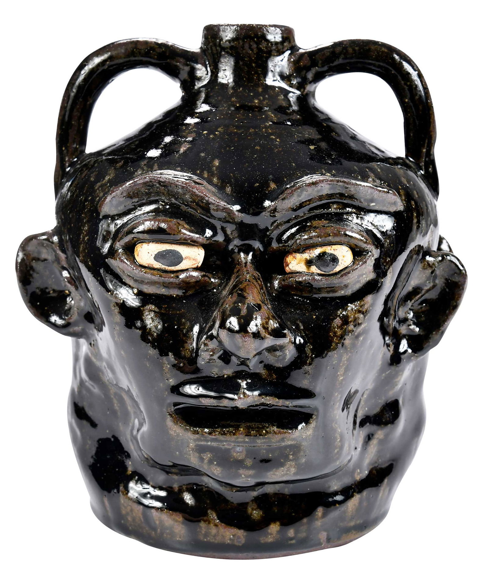 Lanier Meaders Double Face Jug: (Mossy Creek, White County, Georgia, 1917-1998) circa 1975, dark and light runny glassy olive green alkaline ash glaze, applied facial features to both side of jug with a slightly differing expression