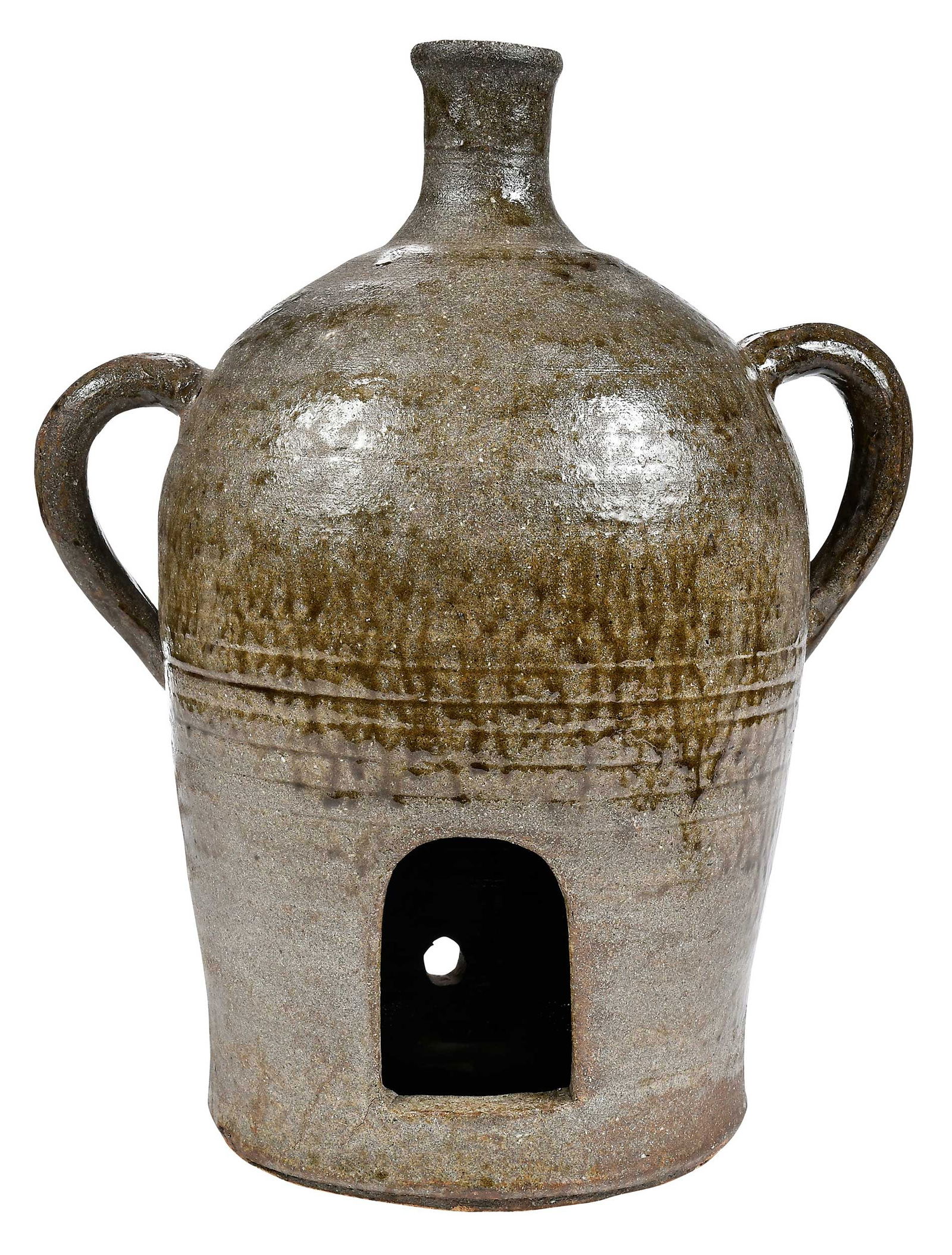 Lanier Meaders Georgia "Laser Jug": (Mossy Creek, White County, Georgia, 1917-1998) circa 1967, runny green ash glaze, syrup jug form with elongated spout, two applied round strap handles at shoulders, cut away door form mouth on front