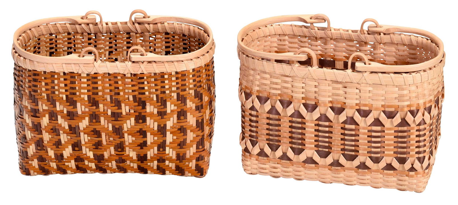 Two Lucille Lossiah Shopper Baskets: Cherokee, Swain County, N.C., 1994, one white oak splits with red maple curls, with Indian Arts and Crafts Board tag, bloodroot and walnut-root dyes, initialed "LL" on bottom, 8-1/4 x 10-3/4 x 5-1/4 i