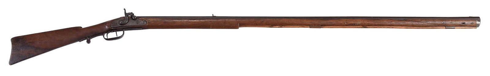Briggs Garland Georgia Percussion Rifle: Fannin County, Georgia, late 1800s, attributed to Briggs Garland, hog rifle, full stock, .41 caliber, dial 44 in. octagonal barrel, iron trigger guard, small butt stock, blade front sight, cut down re