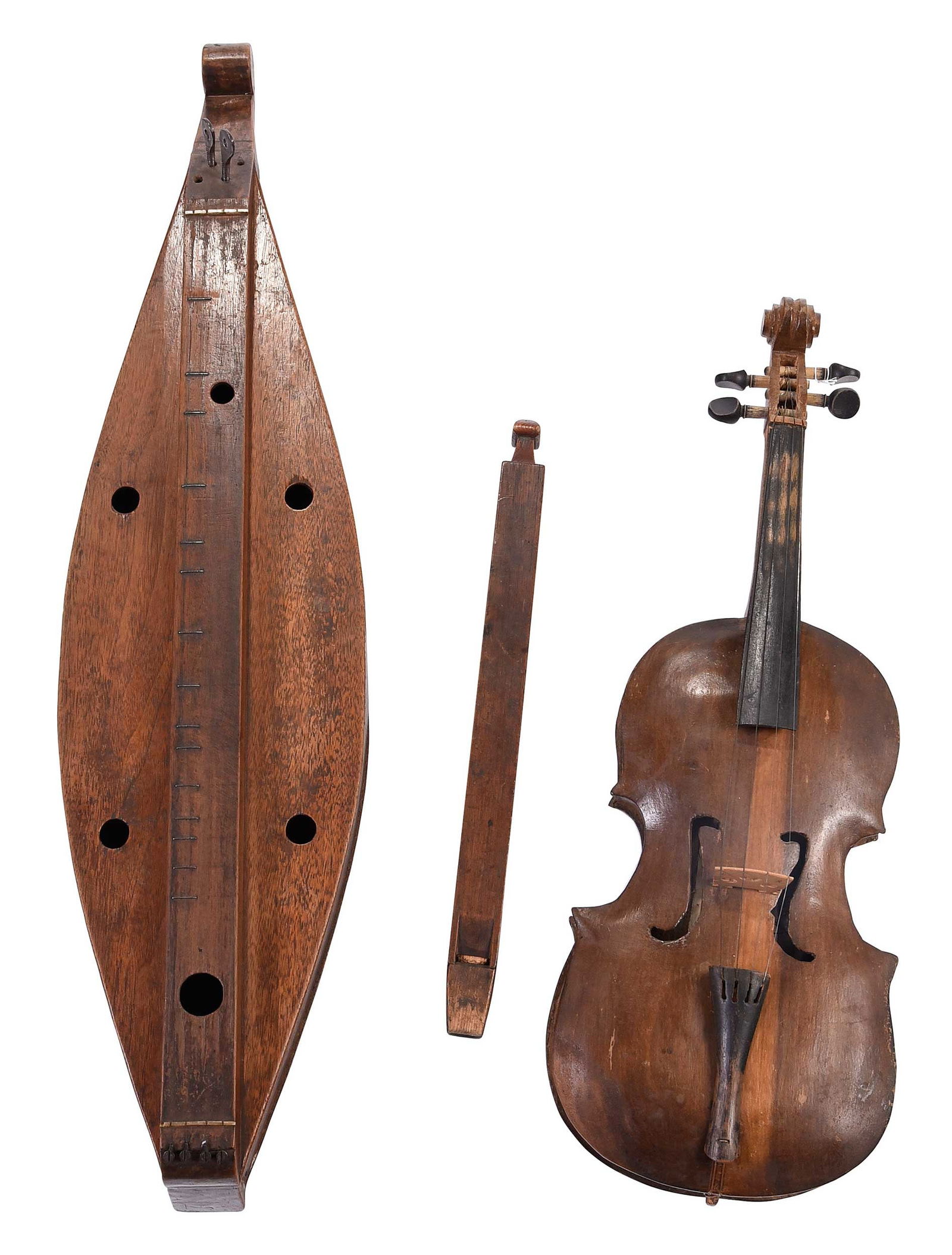 Three Southern Folk Instruments, Dulcimer, Fiddle, and Slide Whistle: American, 19th/20th centuries, comprising: East Tennessee Appalachian dulcimer, black walnut, hand forged iron tuning keys, bone bridge and nut, 33-3/8 x 8 x 3 in.; J.W. Easley, McCaysville, Fannin Co