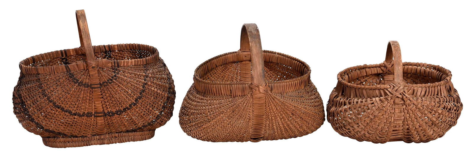 Three Handmade Georgia Baskets, One John Landon Pickelsimer: American, late 19th century, comprising; striped footed "gizzard" rib basket, white oak, maker unknown, Gilmer County, Georgia, 13-5/8 x 15-3/4 x 8-3/8 in.; rib or bow basket, white oak, inscribed ill