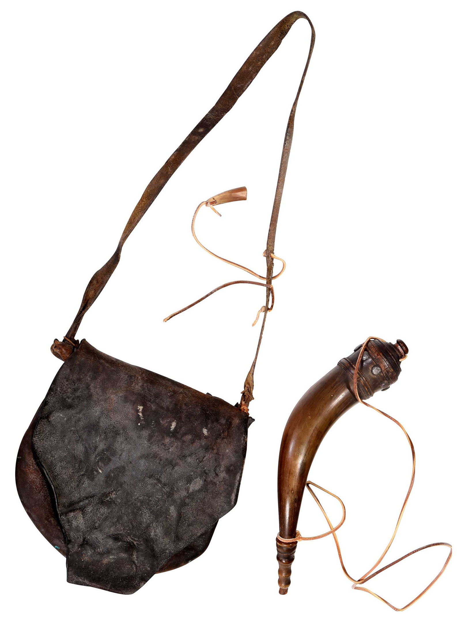 Hunting Pouch and Powder Horn: Blue Ridge, Fannin County, Georgia, circa mid 1800s, maker unknown, hunting bag, leather, with horn tip decoration. 24 x 9 in. overall Note: In the catalog description from Shaping Traditions: Folk Ar