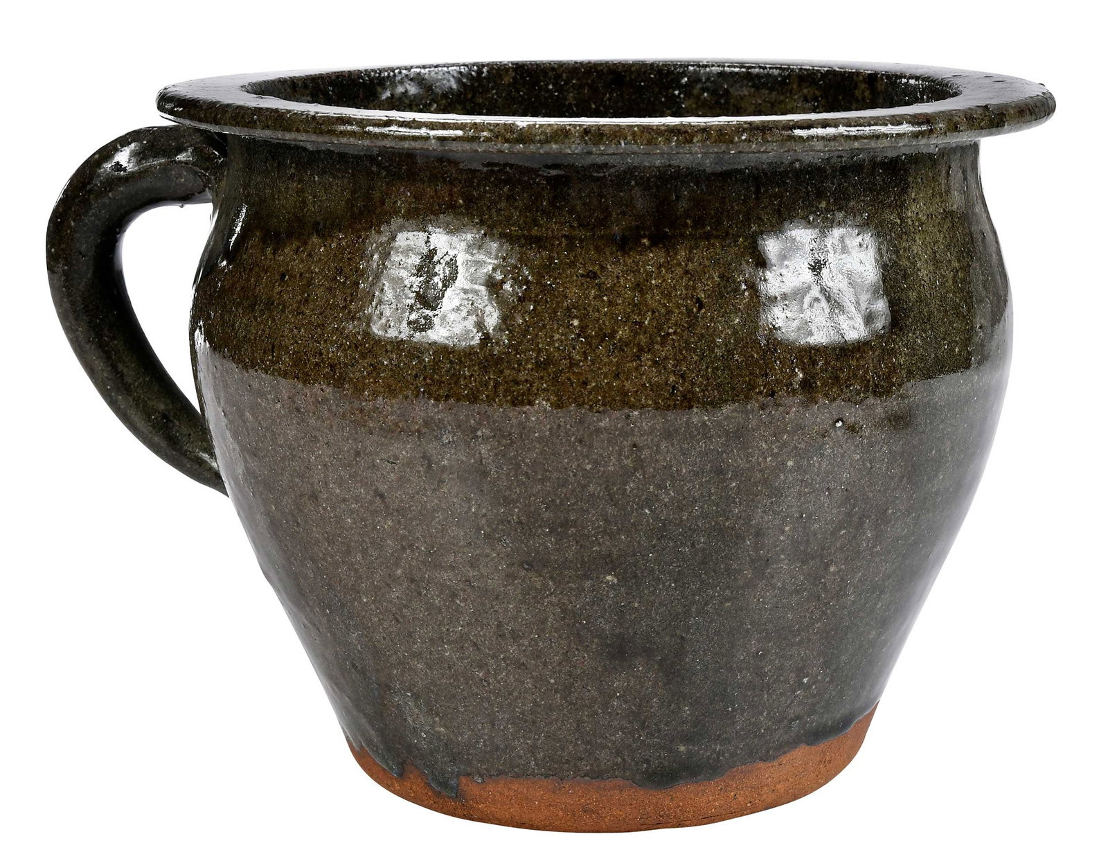Burlon Craig Catawba Valley Stoneware Chamber Pot: (Vale, North Carolina, 1914-2002) runny green alkaline glass glaze, rutile runs, stamped "B.B. CRAIG, VALE, N.C." on base, flat flared rim, round strap handle, 7 in. Provenance: From the Folklife Coll