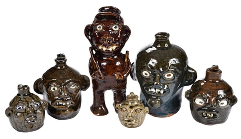 Six Contemporary Georgia Pottery Face Jugs and Figural