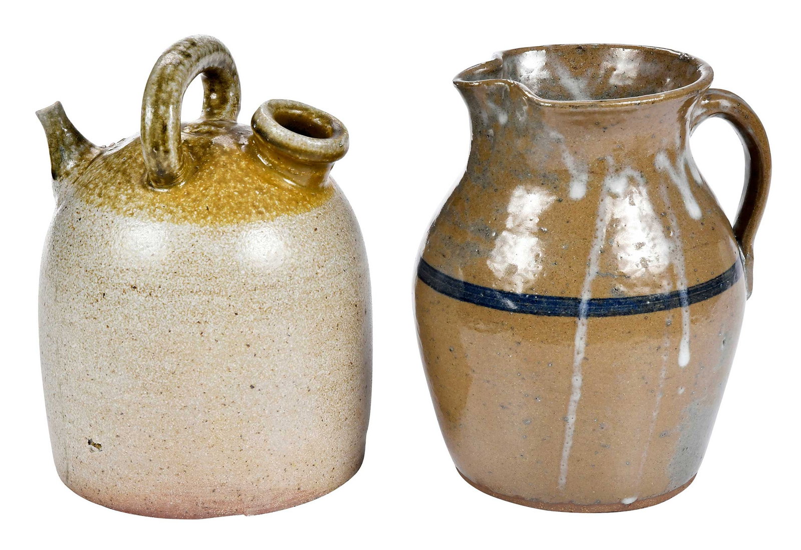 Two Pieces of Georgia Pottery: D.X. Gordy harvest jug, Westville Pottery, Stewart County, GA, circa 1970s, salt glaze over Albany slip glaze, wide fill spout, strap handle over top, small broken pour spout, stamped "Westville Potte