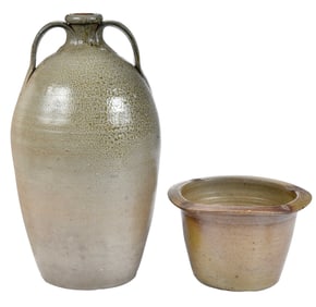 Large J.D. Craven North Carolina Stoneware Jug and Unsigned Cream Riser