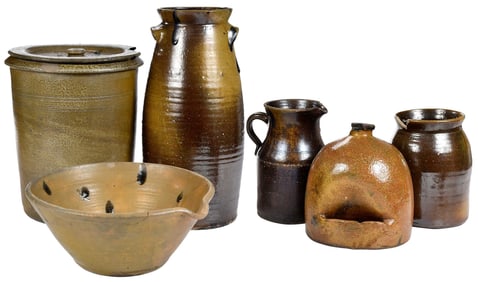 Six Pieces of Barrow County Georgia Stoneware And Stamped W.R. Addington Pitcher