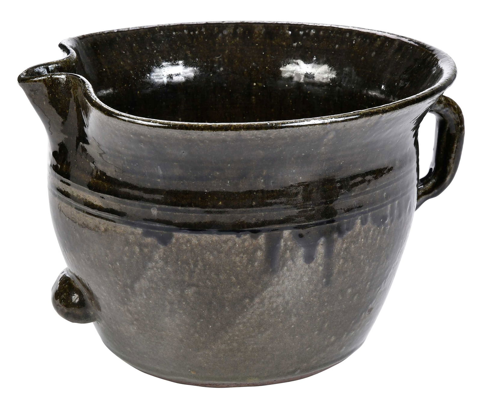 Large Lanier Meaders Georgia Stoneware Cream Pot: (Mossy Creek, White County, Georgia, 1917-1998) dark olive green runny alkaline ash glaze, inscribed "Lanier Meaders" on base, lug handle at front base edge, angular applied strap handle on back of po