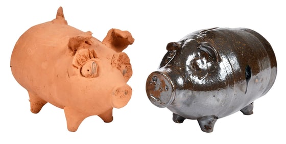 Norman Smith Attributed Stoneware Piggy Bank and Nathaniel Hewell Pottery Pig