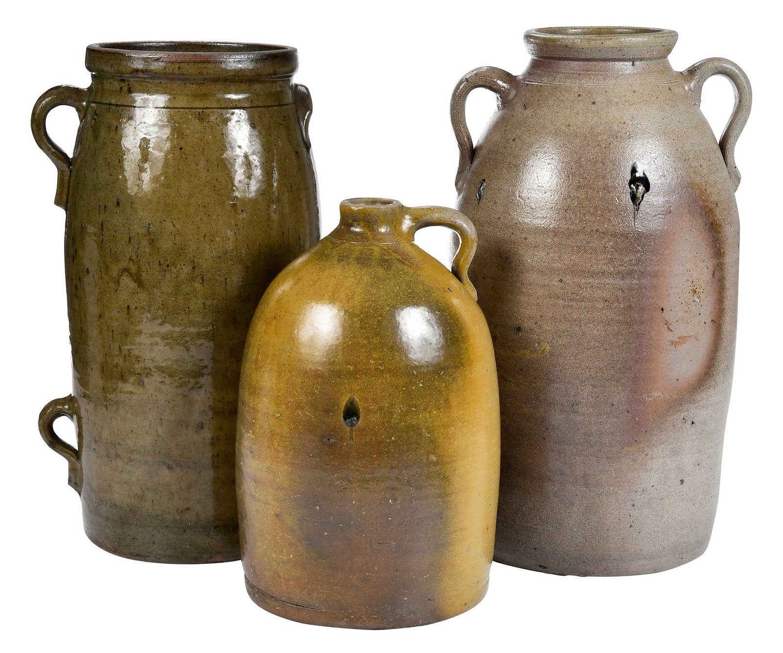 Three Pieces of Randolph County Alabama Stoneware: churn, light olive green speckled alkaline glaze, two looping tail strap handles to one side, lug handle to the other, stamped five near upper strap handle, incised line at shoulder, collared rim, lid
