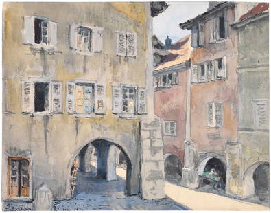Alexandre Benois, Les Arcades: (France/Russian, 1870-1960) Street View Cast with Shadows and Light, 1930, signed bottom middle "Alexandre Benois", inscribed and dated lower left, and signed inscribed and dated verso, watercolor ove