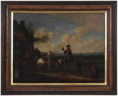 After Philips Wouwerman: (Dutch, 1619-1668) Landscape with Horsemen, a Smith, and Children, circa 1657-1659, unsigned, oil on canvas, 18-5/8 x 24-1/8 in.; Dutch style veneered ripple style frame, 24-1/2 x 30 x 1-3/8 in. Prove