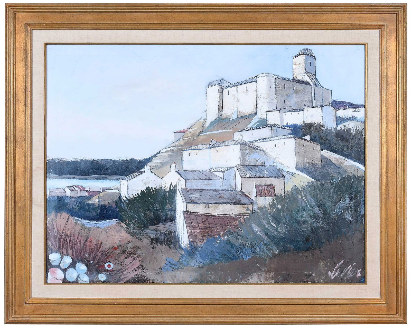 Charles Levier, Fortified Town on a River: (French, 1920-2003) Village by a River, signed lower right "Levier" and signed "Ch. Levier" and titled faintly verso canvas, oil on canvas, 40 x 30 in. (101.6 x 76.2 cm.); original gilt wood frame, 39