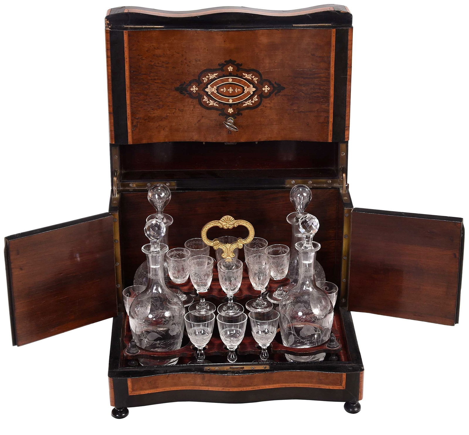 British Inlaid Burlwood Tantalus (1 of 8)