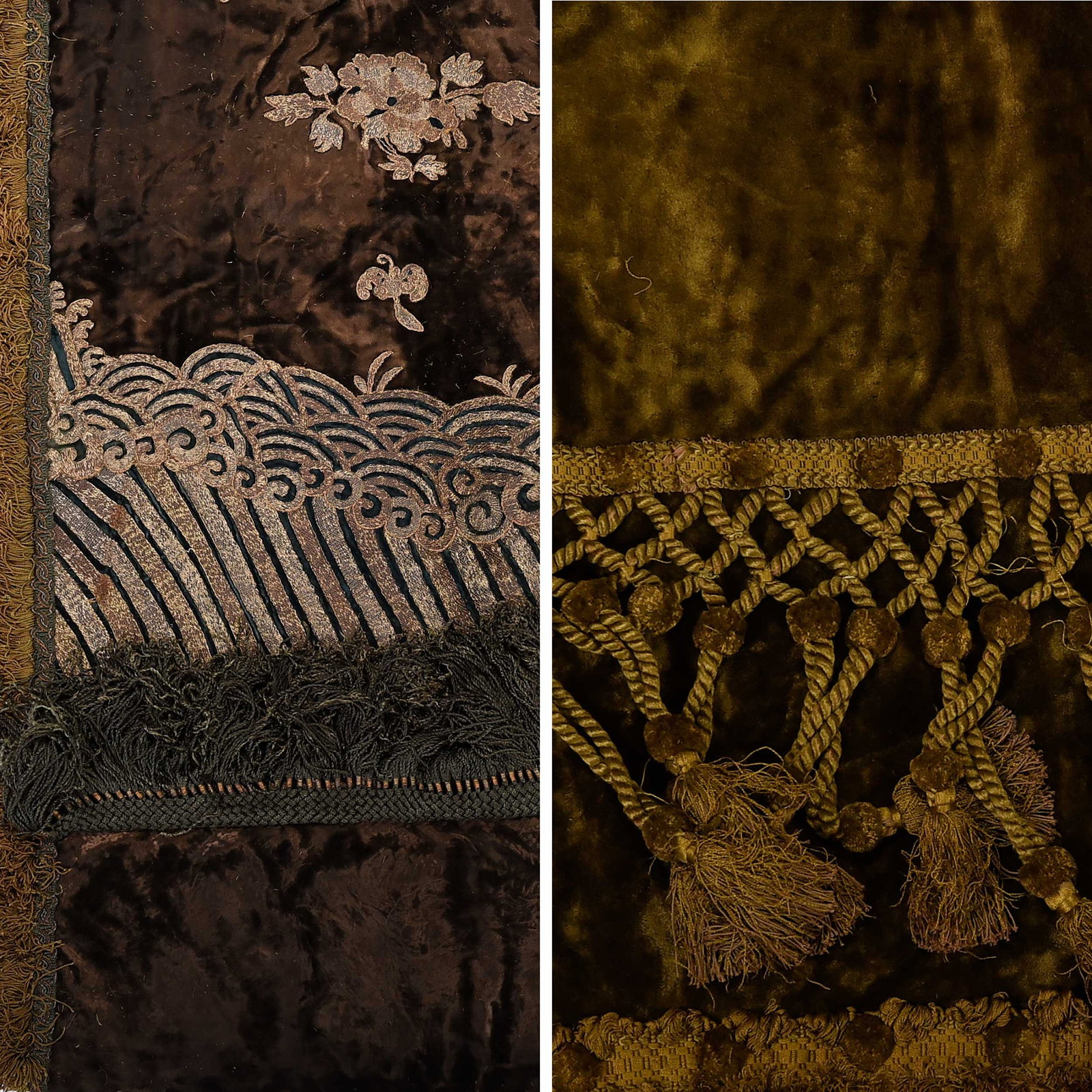 Two Pairs of Formal Drapes: probably American, mid 19th to early 20th, some elements possibly earlier, one pair of green and dark brown silk velvet with appliqué design of Chinese inspired medallions, flowers, b