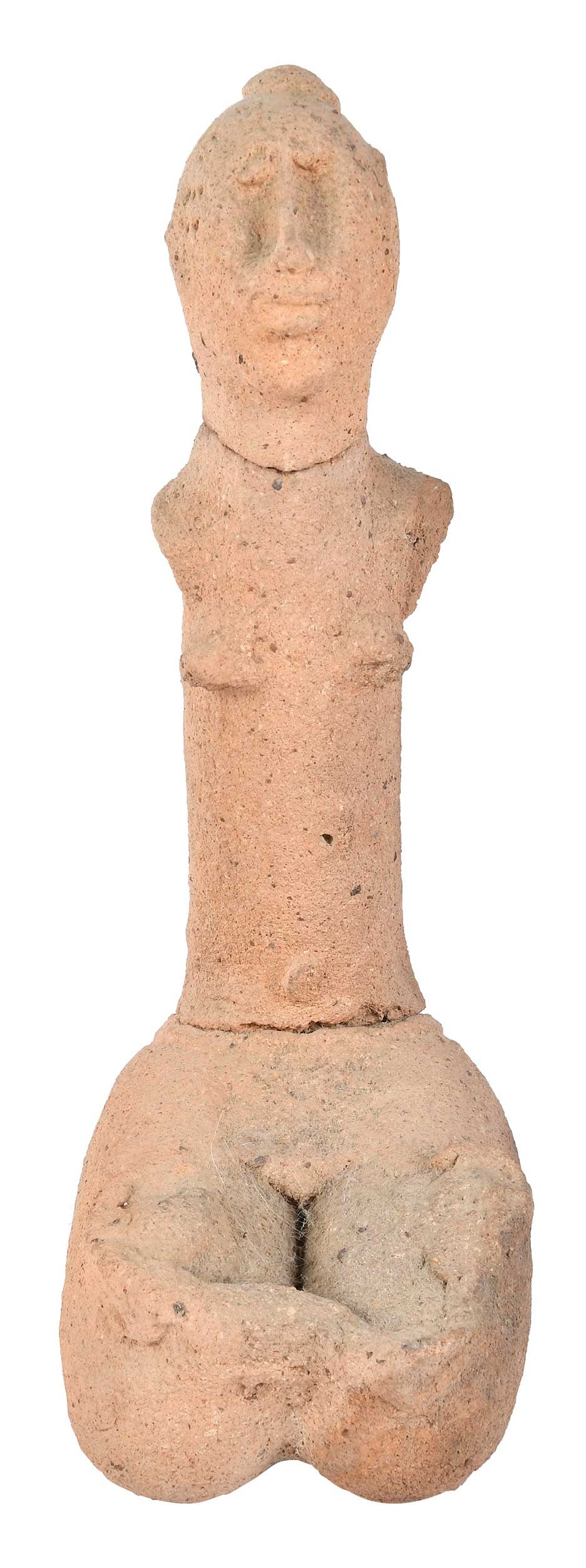 Bankoni Seated Female Figure: Mali, possibly 900-1500 CE, terracotta, 13 x 5 x 7 in. Provenance: Arcade Gallery of London, San Francisco, California, 1986, $1,810.50 (accompanied by receipt); DC Forbes Collection