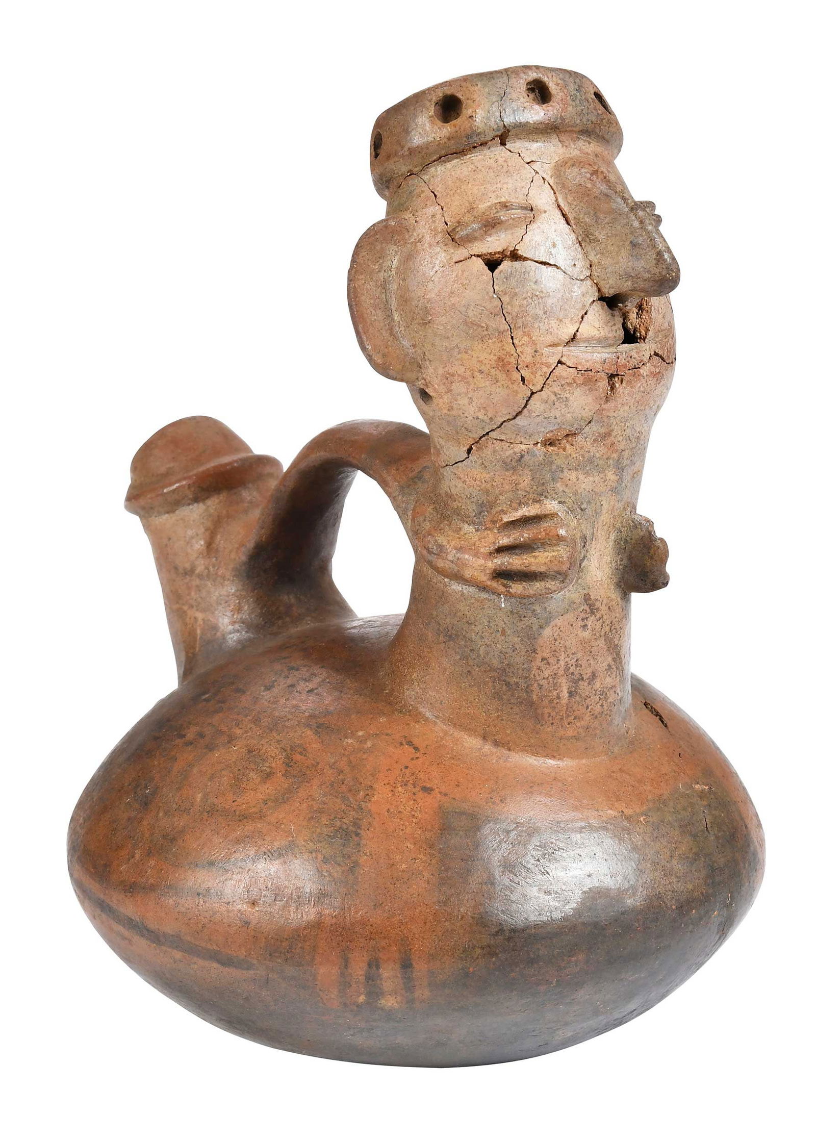 Vicus or Style Figural Ceramic Whistle Stirrup Vessel with Phallic Spout: possibly 100 to 500 CE, ceramic with incised, applied, and black on red slip decoration, 9-1/8 x 6-3/4 x 7-1/4 in. Provenance: Mark William Clark, San Francisco, California, May 9, 1987; DC