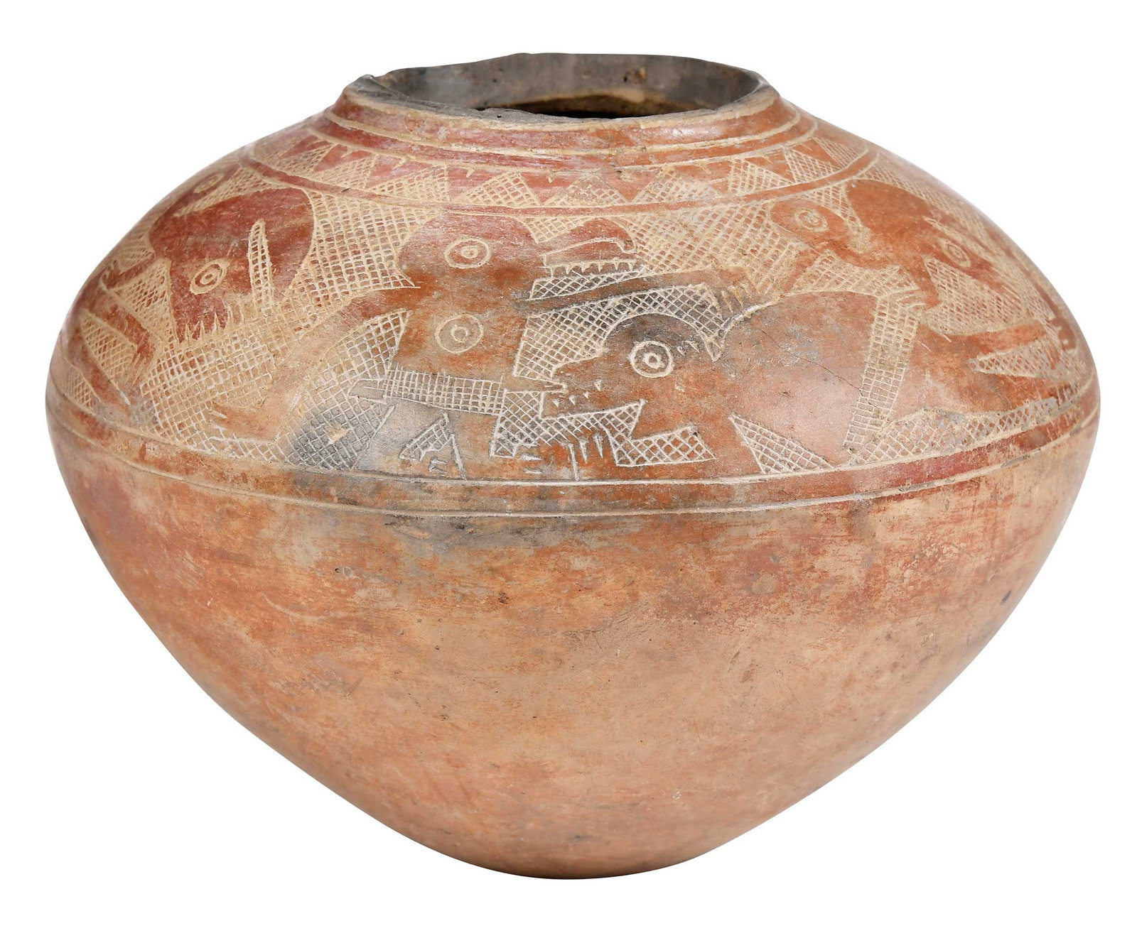 Narino or Style Ceramic Erotic Vessel: possibly 800 to 1500 CE, ceramic with incised decoration of zoomorphic headed figures in erotic scenes, 5-1/2 x 7-1/4 x 7-1/8 in. Provenance: Arte Primitivo, Santa Monica, California, September 25, 19