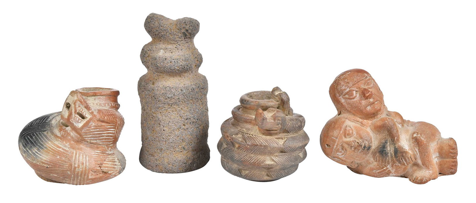 Four Central/South American Stone and Pottery Objects: comprising: possibly 1000 - 1500 CE, one coiled serpent cocoa pot, ceramic, incised and red slip decoration, 2-1/2 x 2-3/4 x 2-1/2 in.; possibly 1000 - 1500 CE, one coiled double serpent cocoa po