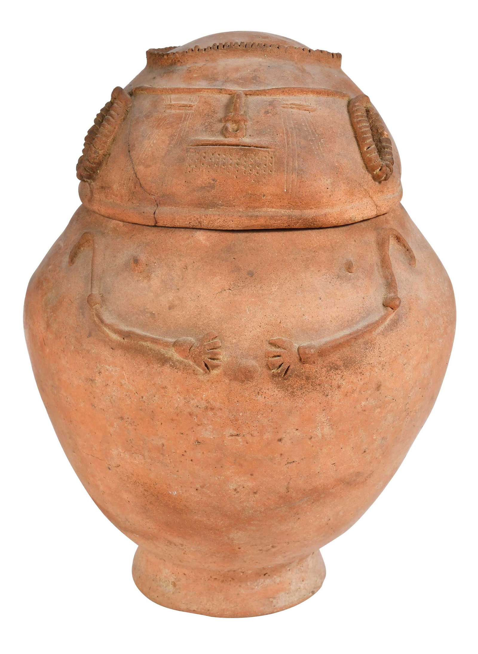 Chimila or Style Ceramic Lidded Anthropomorphic Ossuary: possibly 1100 - 1500 CE, ceramic with applied and incised decoration, flared foot, 19-1/8 x 13-3/4 in. Provenance: Arte Primitivo, Santa Monica, California, August, 31, 1988, for $2,850 (accompan
