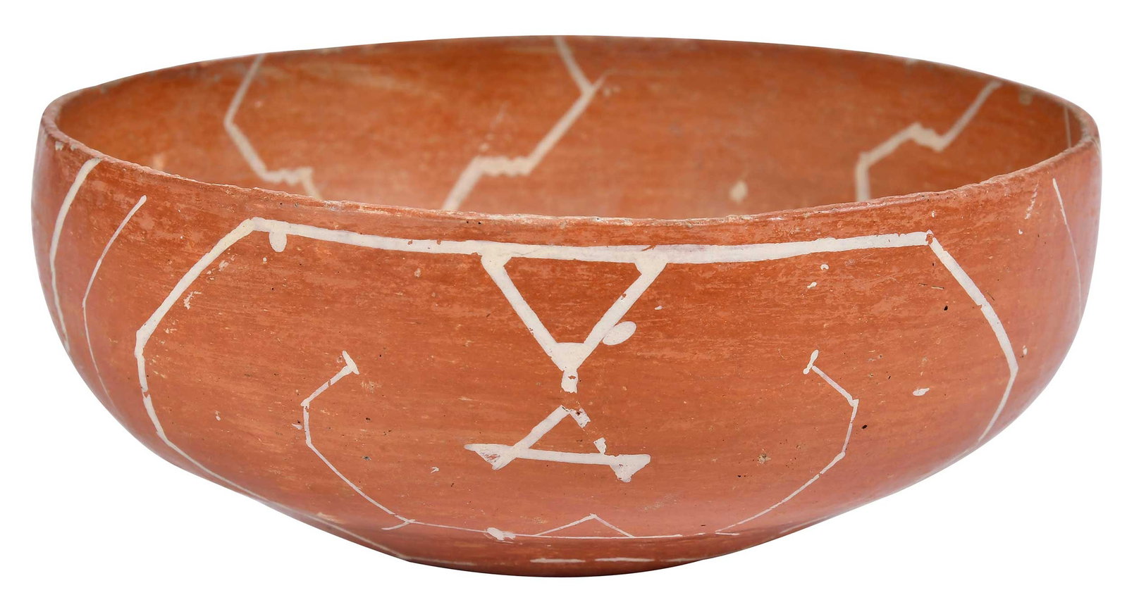 Amazon Ceramic Bowl with Geometric Decoration: 20th century, ceramic bowl with cream on red slip glaze, 2-3/4 x 6-1/2 x 6-1/2 in. Provenance: Macy's, San Francisco, California, c. 1981, exhibit of Amazon Collection; DC Forbes Collection