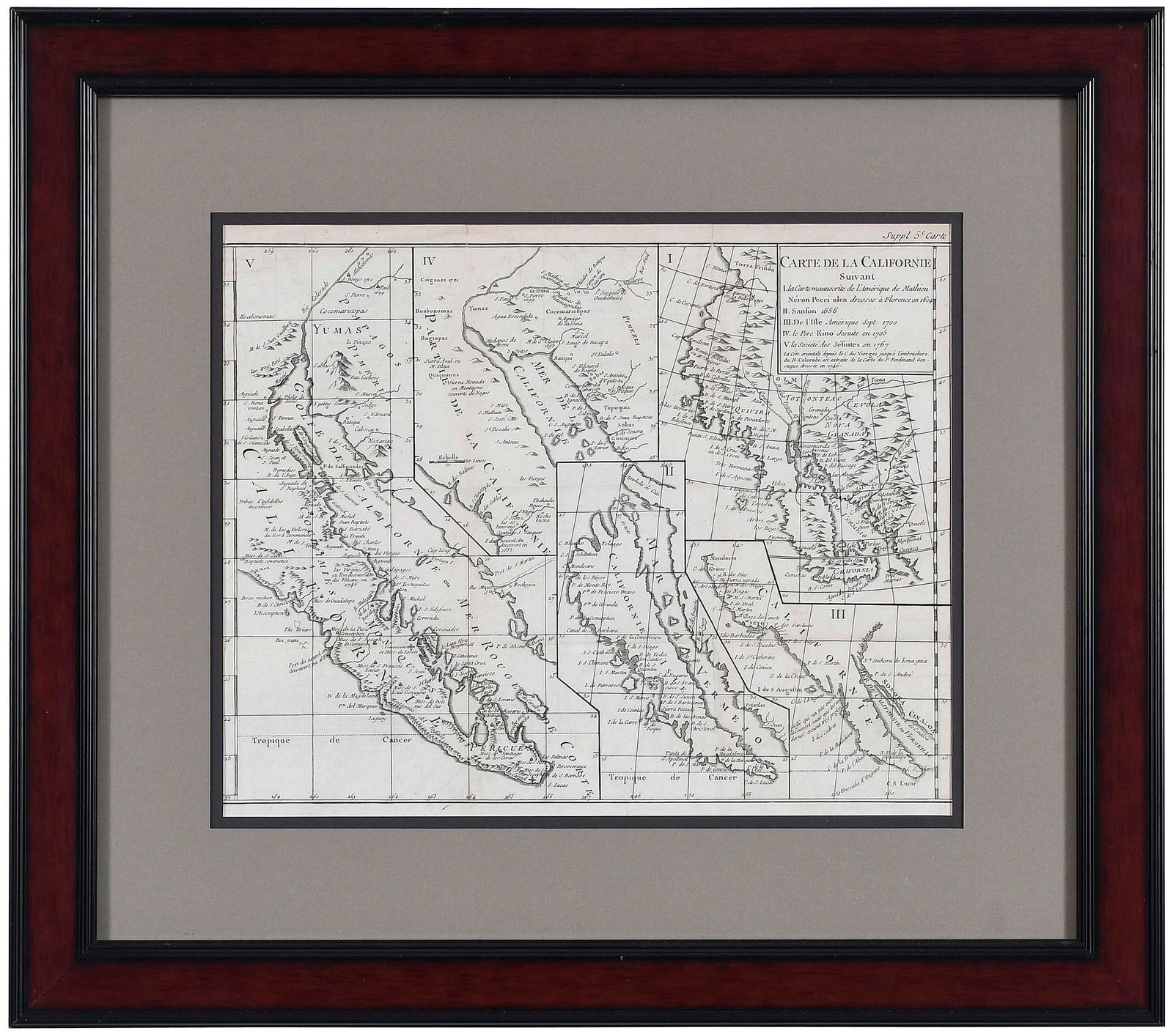 Map of the Cartographic Evolution of California: Denis Diderot and Robert de Vaugondy, Carte De La Californie Suivant, Paris, circa 1772, showing the progression of the cartographic depiction of California, engraving on laid paper, sight 12-1/8 x 15