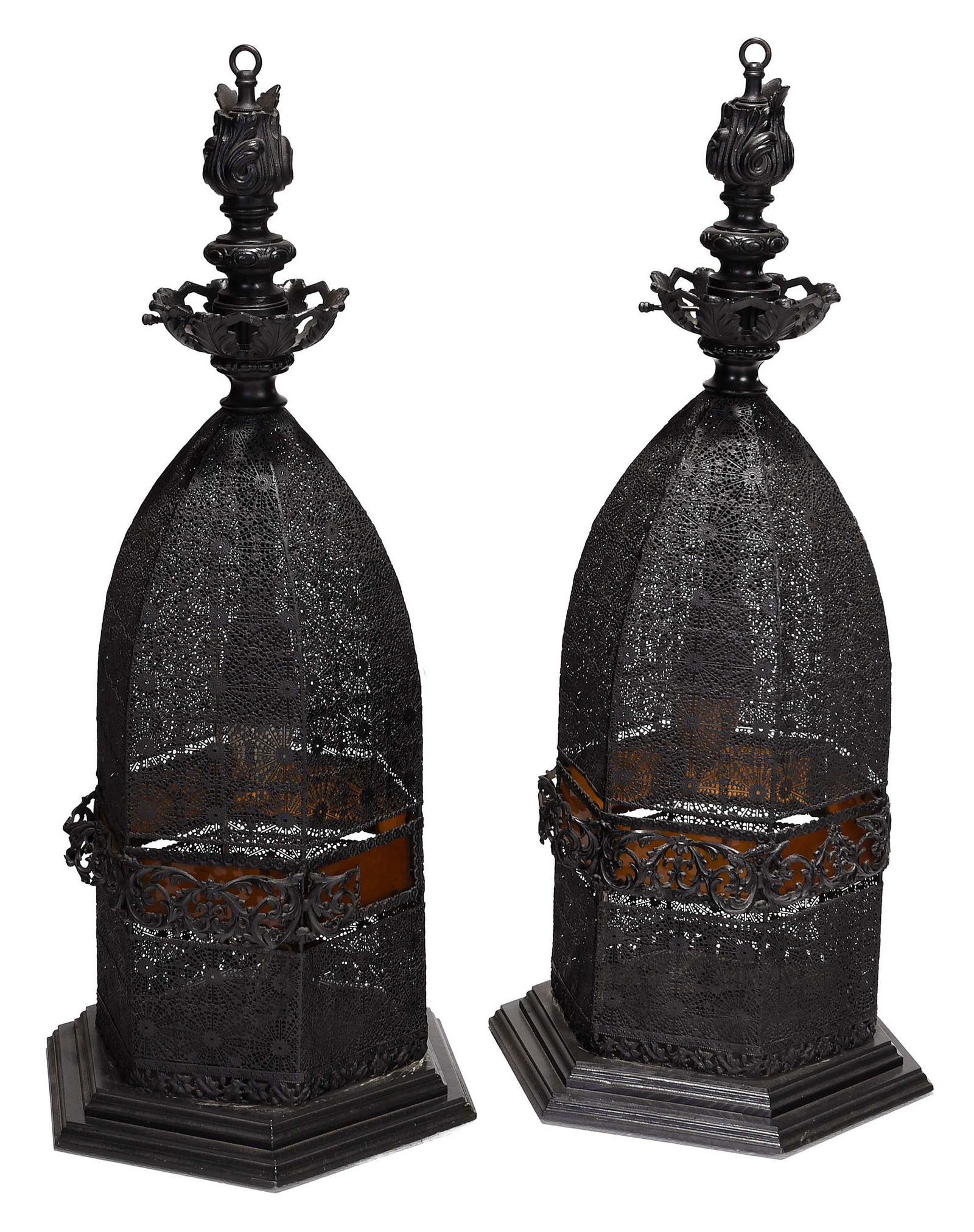 Pair of Black Painted Metal and Glass Moorish Style Lamps (1 of 4)