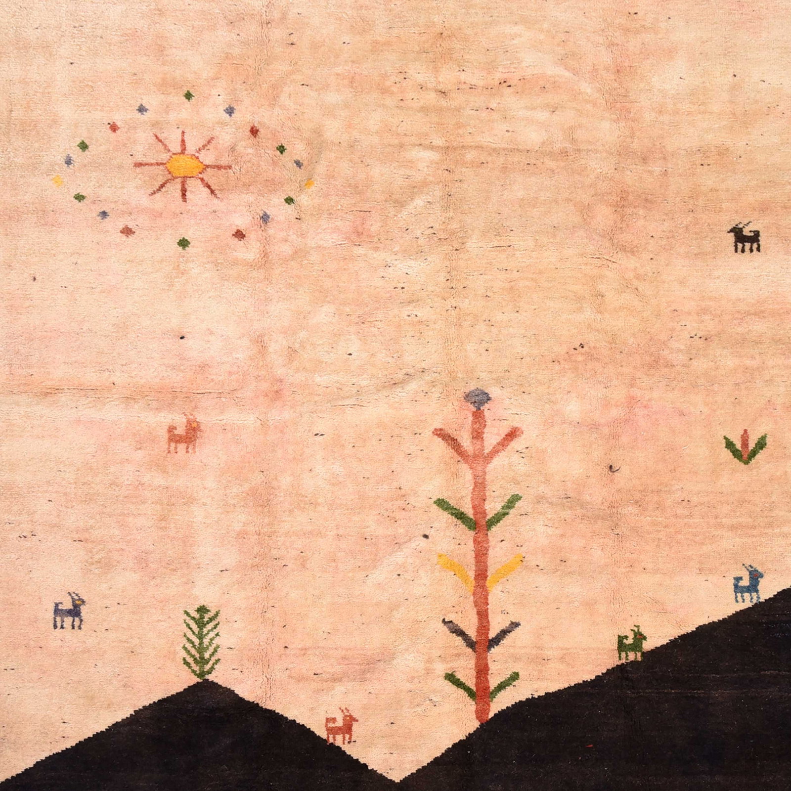 Gabeh Carpet: 20th century, landscape scene with animals and trees below a full sun, 10 ft. 7 in. x 8 ft. 1 in.