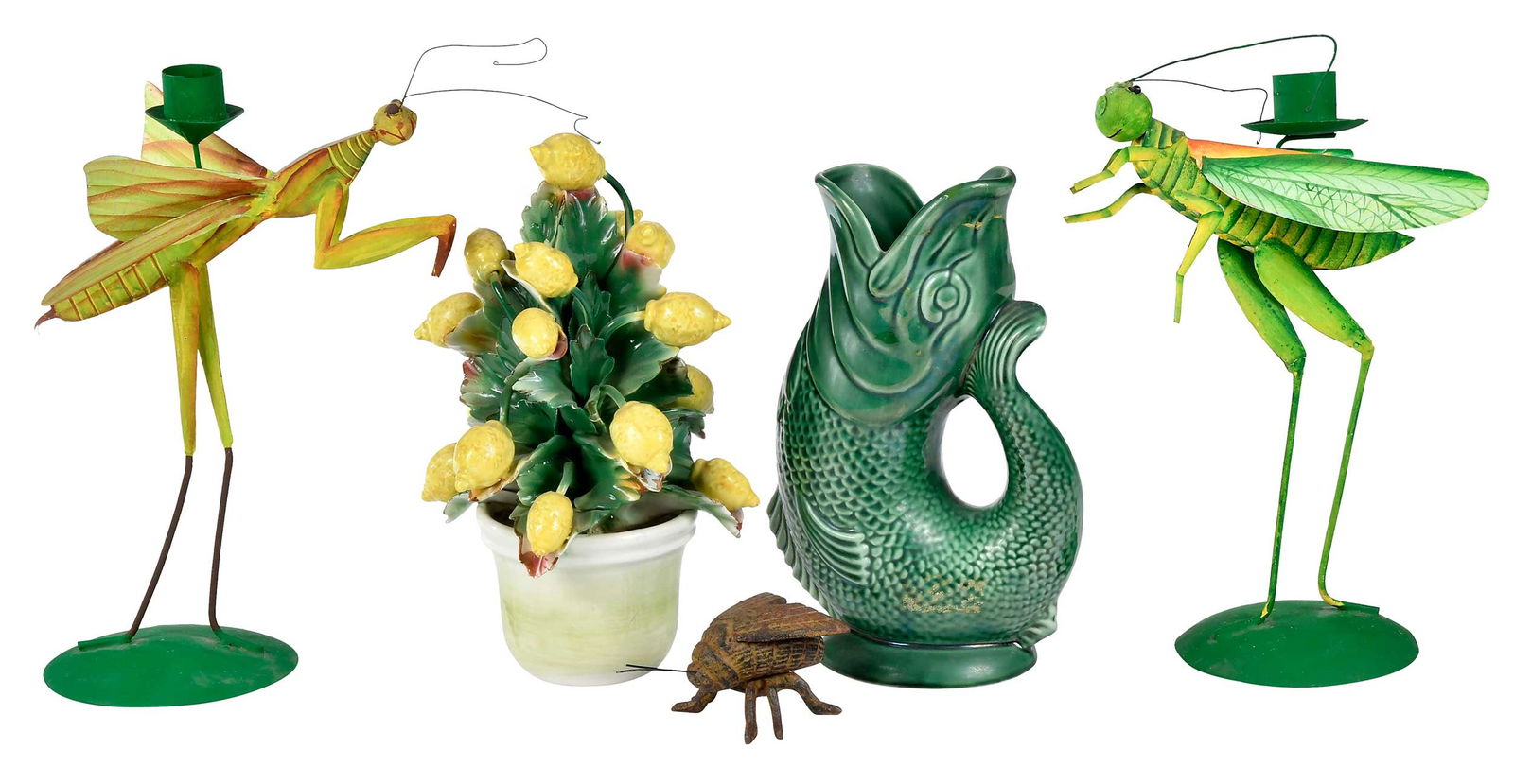 Five Whimsical Decorative Objects: comprising: Italian hand painted ceramic plant form table object, 10-1/4 x 6-1/2 x 6-1/2 in.; English gluggle jug, marked "Dartmouth/Devon" to base, 9-1/2 x 6 x 3-1/2 in.; pair of painted me