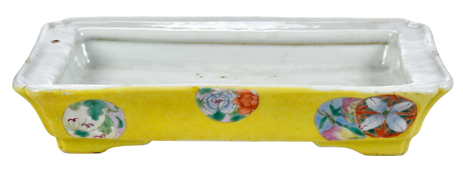 Chinese Yellow Ground Sgraffito Bulb Planter: with four character reign mark in brick red, yellow ground with incised leaf pattern, floral medallions, 1-3/4 x 8-3/4 x 5-3/4 in.