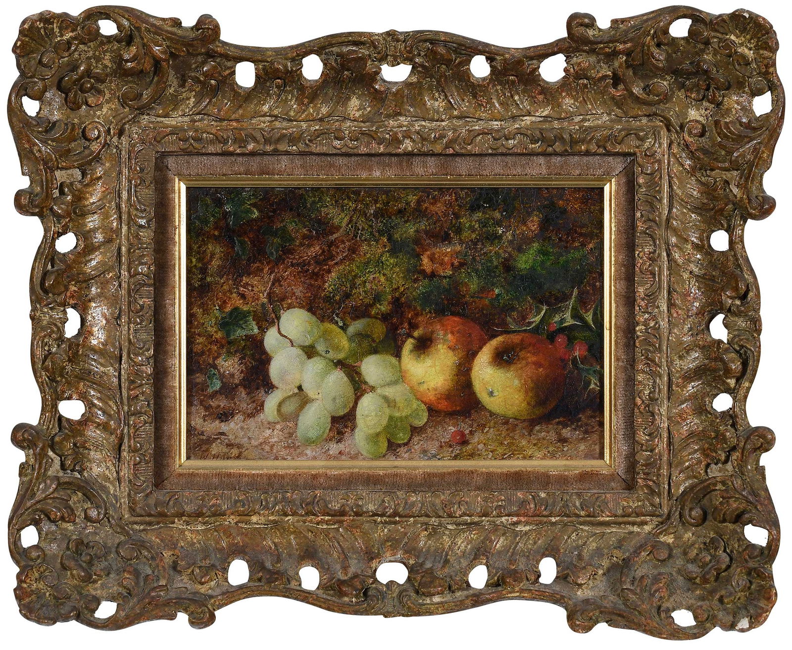 William Henry Hunt, Woodland Still Life: (British, 1790-1864) Grapes and apples on a forest floor, signed lower left "W. Hunt", oil on artist board, 6 x 9 in.; painted and composition frame, 15-1/4x 12-1/4 x 2-1/2 in. Pro