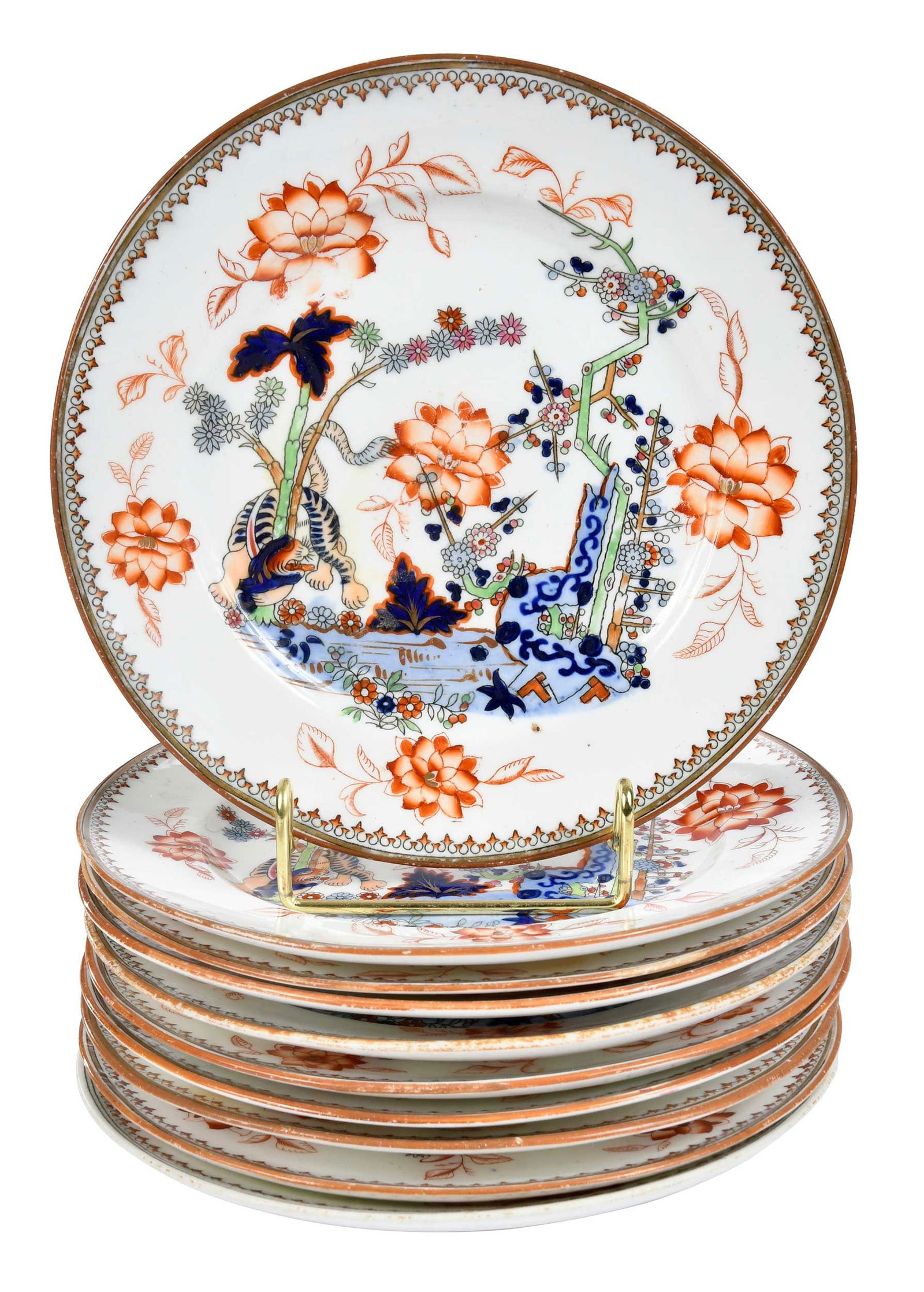 Ten Minton 'Kakiemon Tiger' Porcelain Plates: British, 19th century, each with tiger amongst bamboo with floral motifs, in the Imari palette, unmarked, 8-7/8 in. diameter Provenance: Private Collection, Athens, Georgia